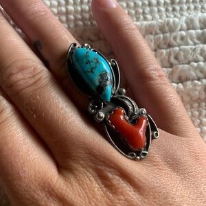 Old Pawn Turquoise Coral Ring Native American Ring Turquoise Long Ring Sterling